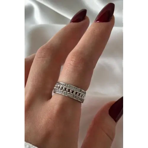 Gurmet Zincirli Model Tasarım Ayarlanabilir Kadın Çelik Yüzük Gümüş Kararmaz Renk Atmaz