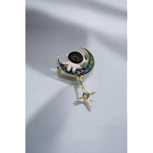 Astronot Galaksi Tasarım Unisex Broş Gold Kararmaz Renk Atmaz