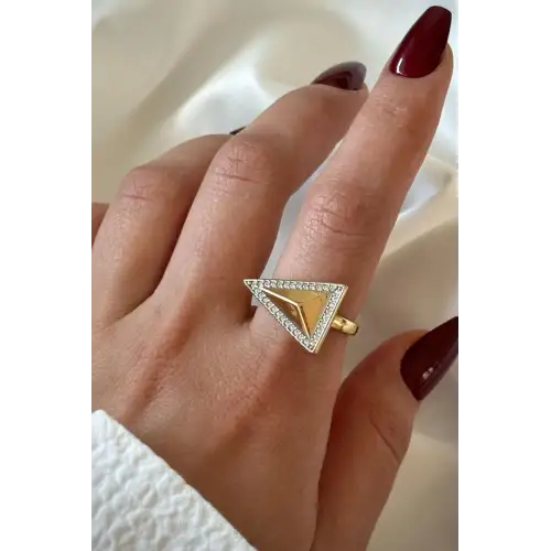 İthal Pyramid Tasarım Ayarlanabilir Garantili Kadın Çelik Yüzük Gold Kararmaz Renk Atmaz