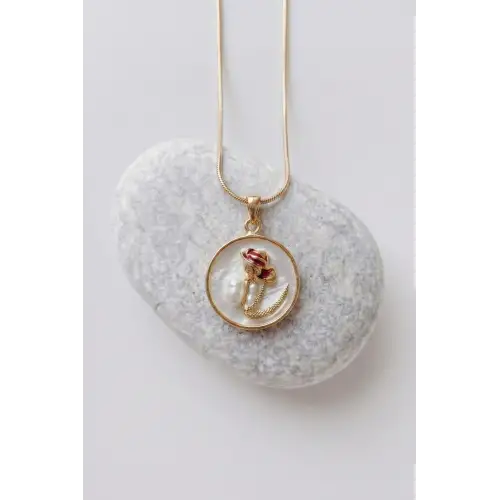 Vintage Kırmızı Gül Motifli 3d Tablo Tasarım Kadın Çelik Kolye Gold Kararmaz Renk Atmaz