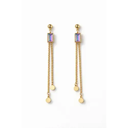 Opal Baget Taşlı Sallantılı Tasarım Kadın Çelik Küpe Gold Kararmaz Renk Atmaz