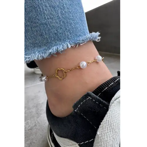 İncili Yonca Model Kadın Halhal Gold Kararmaz Renk Atmaz
