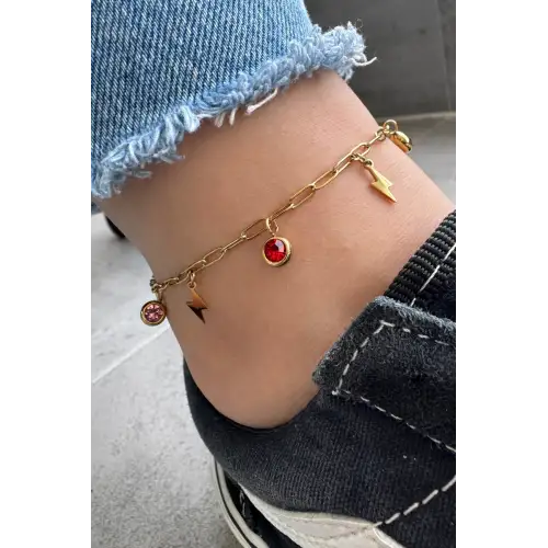 Renkli Zirkon Taşlı Şimşek Model Kadın Halhal Kararmaz Renk Atmaz