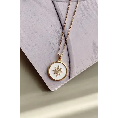 Sedefli Kutup Yıldızı Tasarım 45 Cm Kadın Çelik Kolye Altın Kararmaz Renk Atmaz