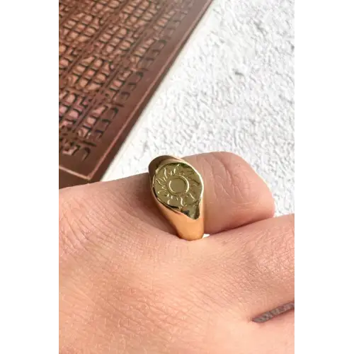 Gold Güneş Figürlü Plaka Tasarım Ayarlanabilir Serçe Parmak Yüzüğü Çelik Yüzük Altın Kararmaz
