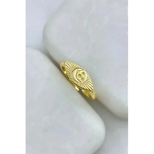 Gold Plaka Gök Yüzü İşlemeli Ayarlanabilir Serçe Parmak Yüzüğü Çelik Yüzük Altın Kararmaz Renk Atmaz