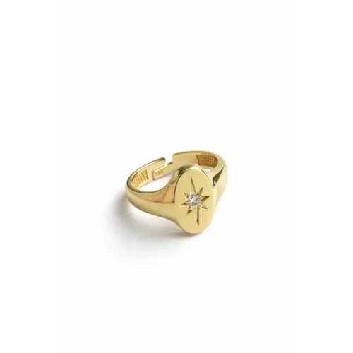 Gold Plaka Tasarım Zirkon Taşlı Kutup Yıldızı Model Ayarlanabilir Serçe Parmak Yuzugu Çelik Yüzük