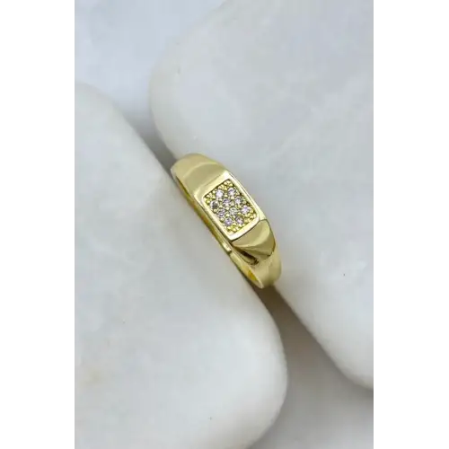 Gold Dikdörtgen Zirkon Taş Detaylı Plaka Tasarım Ayarlanabilir Serçe Parmak Yuzugu Çelik Yüzük Altın