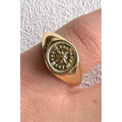 Gold Pusula Model Plaka Tasarım Ayarlanabilir Serçe Parmak Yüzüğü Çelik Yüzük Altın Kararmaz