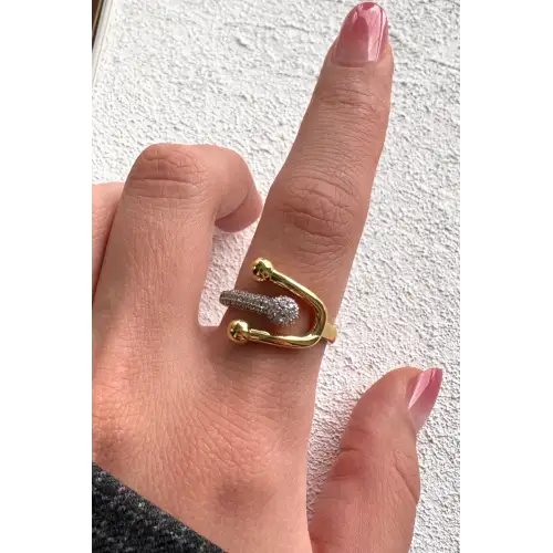 Çift Renk Seri Lucky Curve Drop Tasarım Zirkon Taş Detaylı Ayarlanabilir Çelik Yüzük Kararmaz