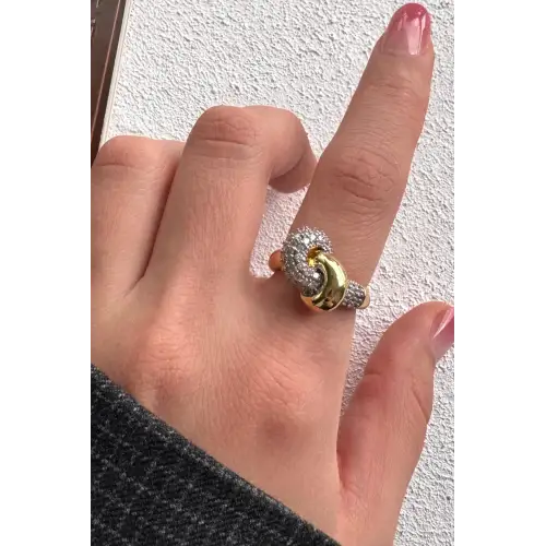 Çift Renk Seri Love Bond Düğüm Tasarım Zirkon Taşlı Ayarlanabilir Çelik Yüzük Kararmaz Renk Atmaz