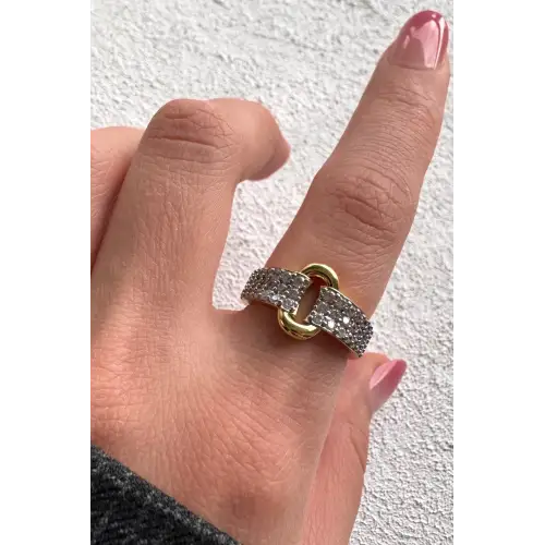 Çift Renk Seri Link Love Tasarım Zirkon Taşlı Ayarlanabilir Çelik Yüzük Kararmaz Renk Atmaz