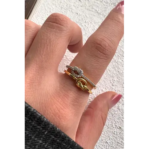 Çift Renk Seri Knot Love Tasarım Zirkon Taşlı Düğüm Bağ Kilit Model Ayarlanabilir Çelik Yüzük