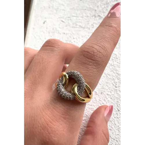 Çift Renk Seri Chain Love Tasarım Zirkon Taşlı Ayarlanabilir Çelik Yüzük Kararmaz Renk Atmaz