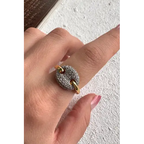 Çift Renk Seri Luna Disc Tasarım Zirkon Taşlı Ayarlanabilir Çelik Yüzük Kararmaz Renk Atmaz