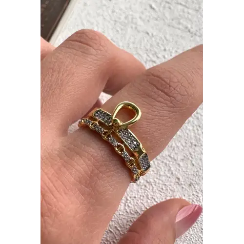 Çift Renk Seri Golden Buckle Tasarım Zirkon Taşlı Ayarlanabilir Çelik Yüzük Kararmaz Renk Atmaz
