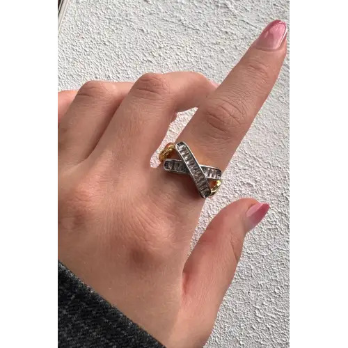 Çift Renk Seri Zirkon Taşlı Çapraz Bar Gold Silver Kaplama Ayarlanabilir Kadın Çelik Yüzük Kararmaz