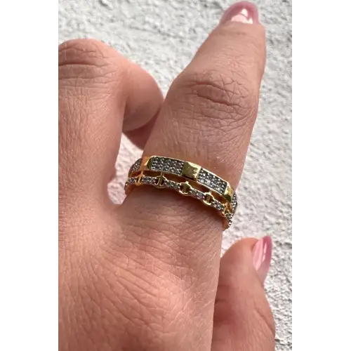 Çift Renk Seri Zirkon Taşlı Zincir Tasarım Gold Silver Ayarlanabilir Kadın Çelik Yüzük Kararmaz