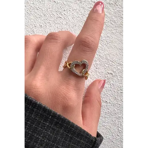 Çift Renk Seri Zirkon Taşlı Kalp Tasarım Zincir Detay Gold Ayarlanabilir Kadın Çelik Yüzük Kararmaz