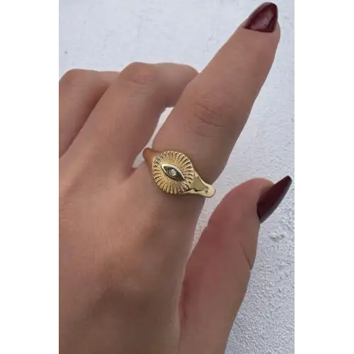 Vintage Tasarım Zirkon Taşlı Oval Göz Motifli Ayarlanabilir Serçe Parmak Kadın Çelik Yüzük