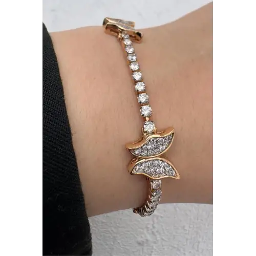 Rose Gold Zirkon Taşlı Kelebek Figürlü Tennis Kadın Çelik Bileklik Kararmaz Renk Atmaz