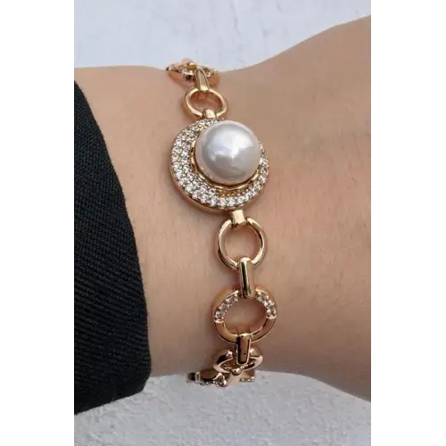 Rose Gold İnci Detaylı Zirkon Taşlı Halka Zincir Kadın Çelik Bileklik Kararmaz Renk Atmaz