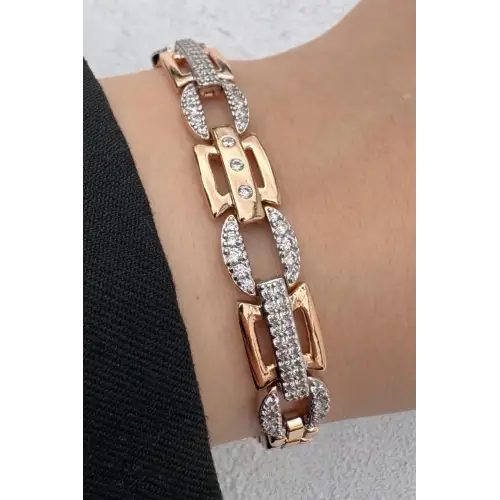 Rose Gold Geometrik Link Zirkon Taşlı Kadın Çelik Bileklik Kararmaz Renk Atmaz