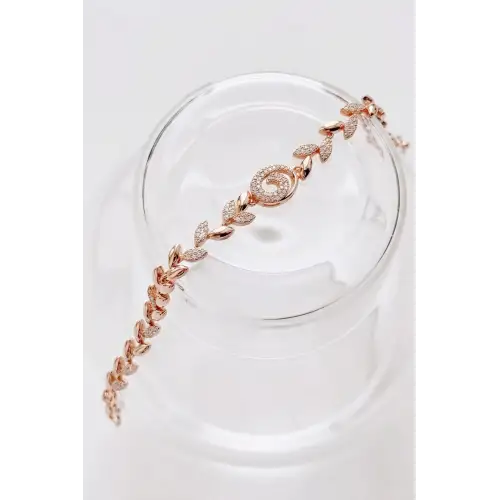 Rose Gold Yaprak Motifli Zirkon Taşlı Kadın Çelik Bileklik Kararmaz Renk Atmaz