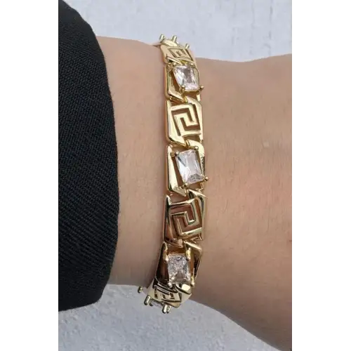 Gold Renk Vintage Greek Desenli Baget Taşlı Kadın Çelik Bileklik Kararmaz Renk Atmaz