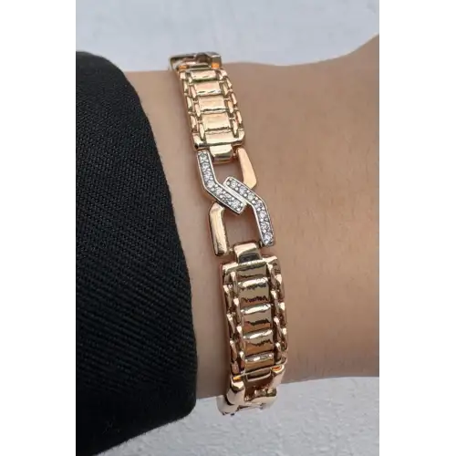 Rose Gold Z Form Detaylı Zirkon Taşlı Kadın Çelik Bileklik Kararmaz Renk Atmaz