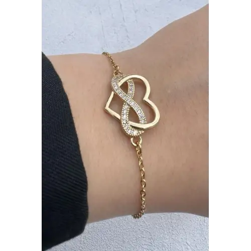 Gold Renk Sonsuzluk Kalp Figürlü Zirkon Taşlı Kadın Çelik Bileklik Kararmaz Renk Atmaz