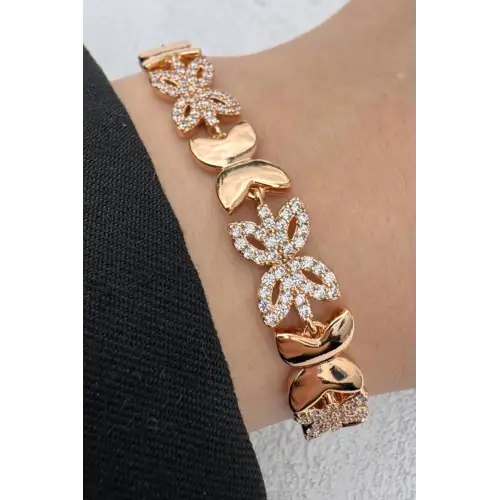 Rose Gold Çiçek Motifli Zirkon Taşlı Kadın Çelik Bileklik Kararmaz Renk Atmaz