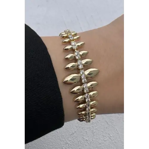Cm Jewelry Gold Renk Yaprak Form Zirkon Taşlı Kadın Çelik Bileklik Kararmaz Renk Atmaz