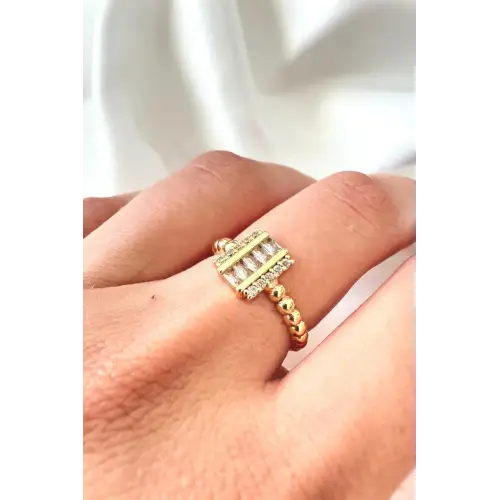 Yeni Sezon Sıralı Dikdörtgen Zirkon Taşlı Boncuk Detaylı Ayarlanabilir Şık Kadın Çelik Yüzük Gold
