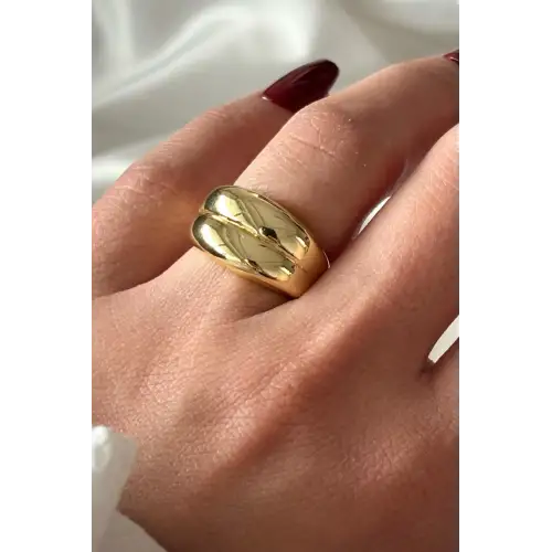 İthal Cilalı İkili Kalın Model Bombe Tasarım Ayarlanabilir Kadın Çelik Yüzük Gold Kararmaz