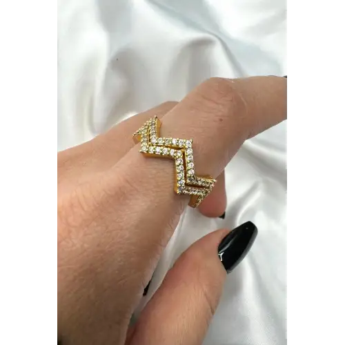 Çift Görünüm Zikzak Model Zirkon Taşlı Ayarlanabilir Tasarım Kadın Çelik Yüzük Gold Kararmaz