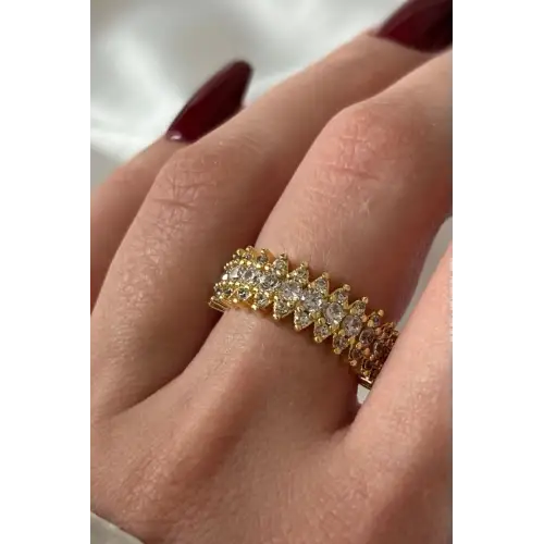 Yeni Sezon Mekik Model Sıra Zirkon Taşlı Ayarlanabilir Kadın Çelik Yüzük Gold Kararmaz Renk Atmaz