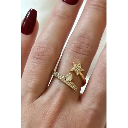 Yeni Sezon Yıldızlı Tektaş Sarmal Tasarım Ayarlanabilir Kadın Çelik Yüzük Gold Kararmaz Renk Atmaz