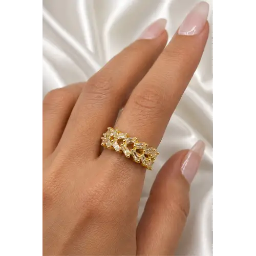 Yeni Sezon Çapraz Full Baget Zirkon Taşlı Model Ayarlanabilir Kadın Çelik Yüzük Gold Kararmaz