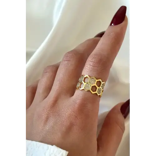 İkili Bal Peteği Tasarım Zirkon Taşlı Ayarlanabilir Kadın Çelik Yüzük Gold Kararmaz Renk Atmaz