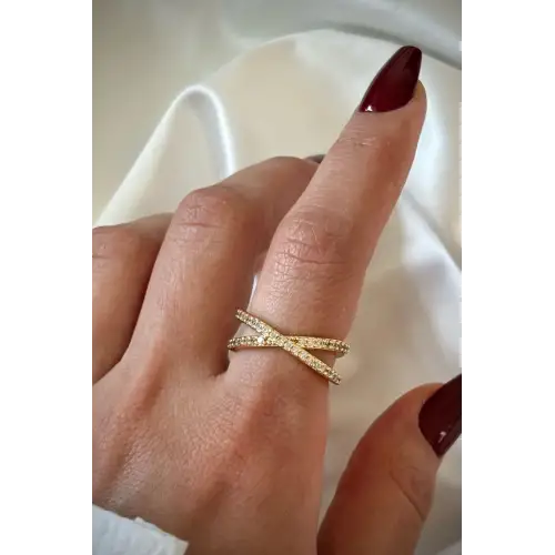 Çapraz Tasarım Zirkon Taşlı Ayarlanabilir Kadın Çelik Yüzük Gold Kararmaz Renk Atmaz
