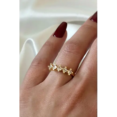 Klasik Mini Zirkon Taşlı 5 Taş Ayarlanabilir Kadın Çelik Yüzük Gold Kararmaz Renk Atmaz