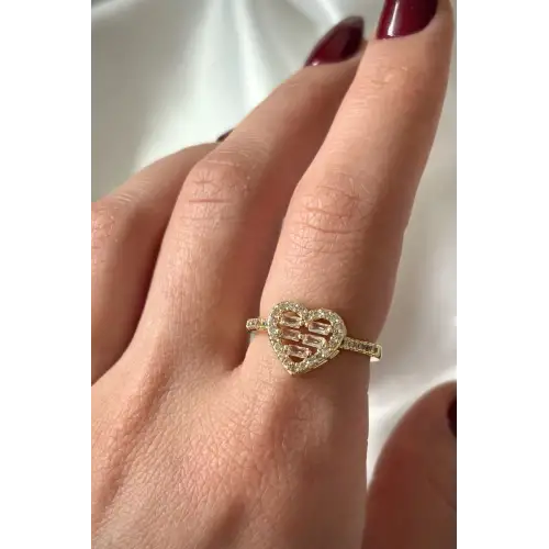 Heart Layer Model Baget Taşlı Kalp Tasarım Ayarlanabilir Kadın Çelik Yüzük Gold Kararmaz Renk Atmaz