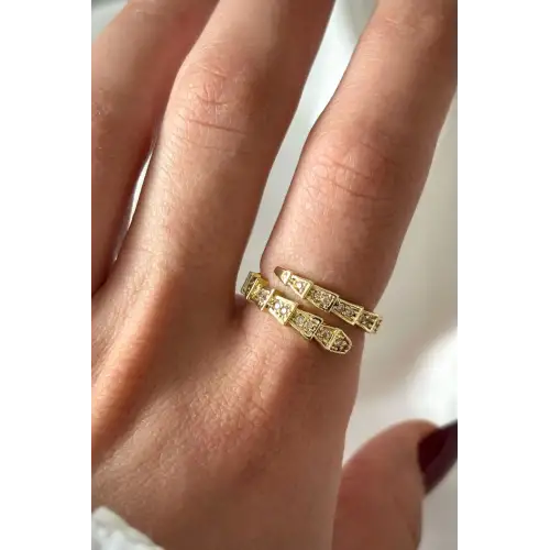 Famed Zirkon Taşlı Yılan Tasarım Ayarlanabilir Kadın Çelik Yüzük Gold Kararmaz Renk Atmaz