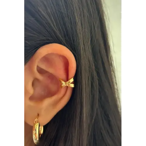 Çapraz Görünüm Sıkıştırmalı Earcuff Kıkırdak Kadın Çelik Küpe Gold Kararmaz Renk Atmaz