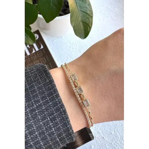 Yeni Sezon Çift Sıra Zincirli Baget Taşlı Su Yolu Garantili Kadın Çelik Bileklik Gold Kararmaz
