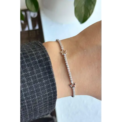 Seri Full Taşlı Su Yolu Çoklu Yıldız Model Garantili Kadın Çelik Bileklik Gümüş Kararmaz Renk Atmaz