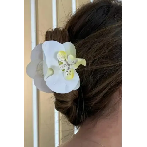 Orkide Çiçeği Tasarım Mandal Kadın Toka Ekru Kararmaz Renk Atmaz