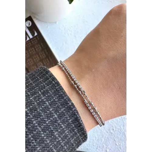 Yarım Tur Top Zincirli Yarım Tur Zirkon Taşlı Su Yolu Tasarım Çift Gorunum Kadın Çelik Bileklik