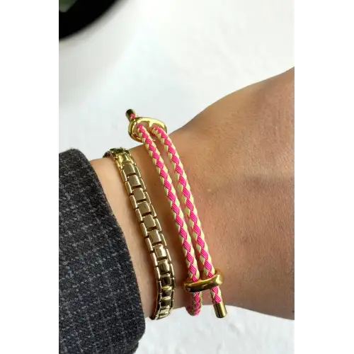 Detaylı Ayarlanabilir Örme İp Kadın Çelik Bileklik Açık Sarı Pembe Kararmaz Renk Atmaz